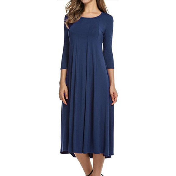 Womens 3/4 Sleeve A-Line Dress Casual Crew Neck Loose Fit Long Blue MD 8-12 - Picture 1 of 4